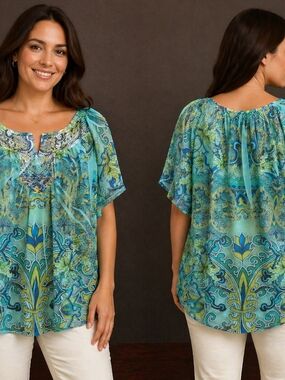 live and let live Blue-Green Paisley Split-Neck Peasant Blouse Jersey Burnout 1x